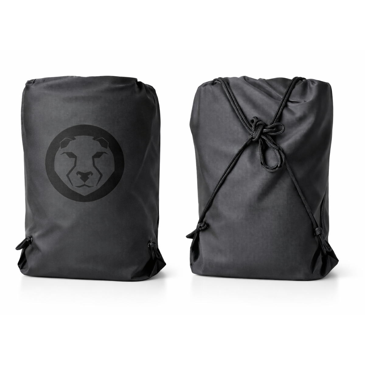 Two black Mammal Strength drawstring storage bags included with Stiff Knee Sleeves PRO for protection and transport
