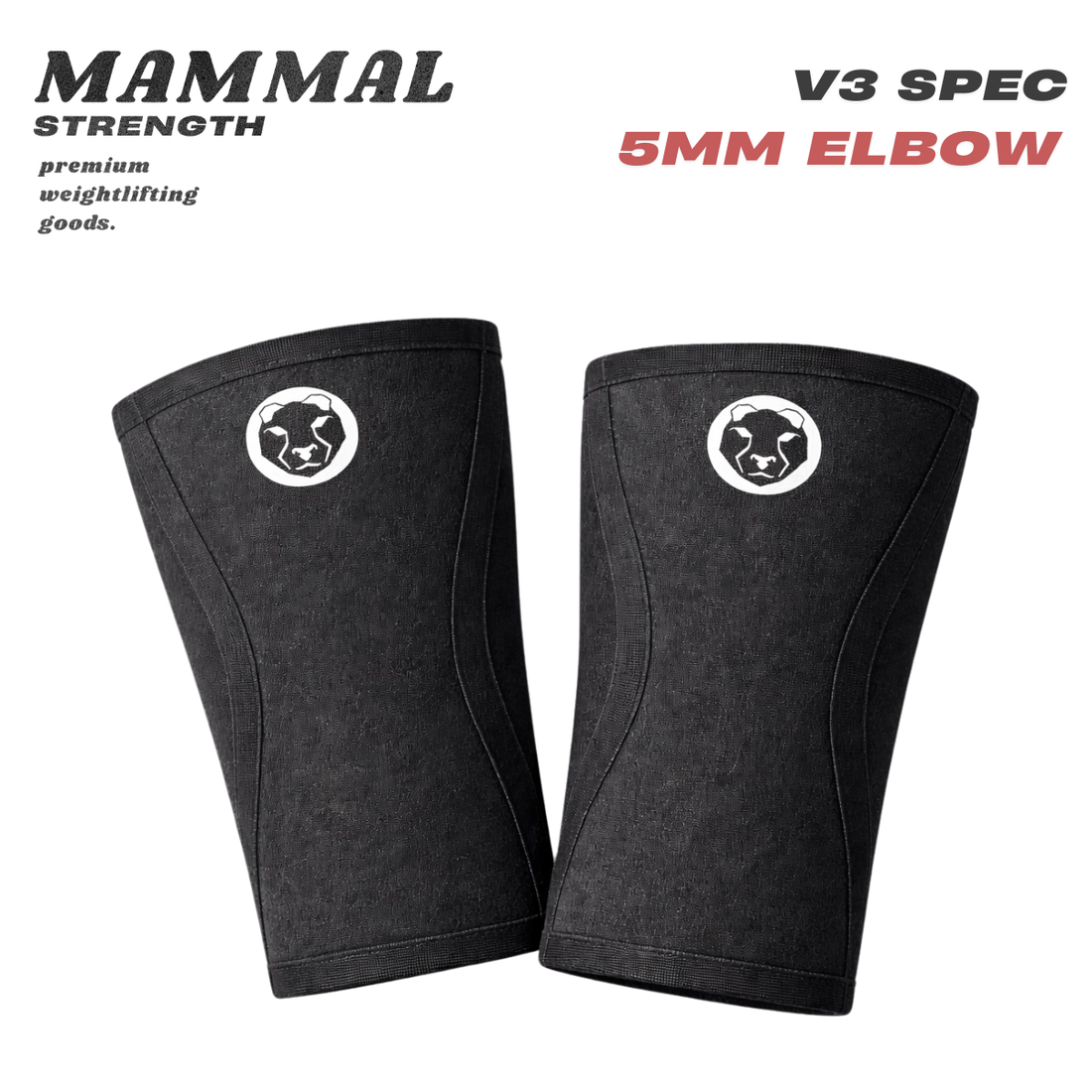 Pair of Mammal Strength V3 5mm elbow sleeves featuring Mammal Strength logo and V3 specification branding on a white background
