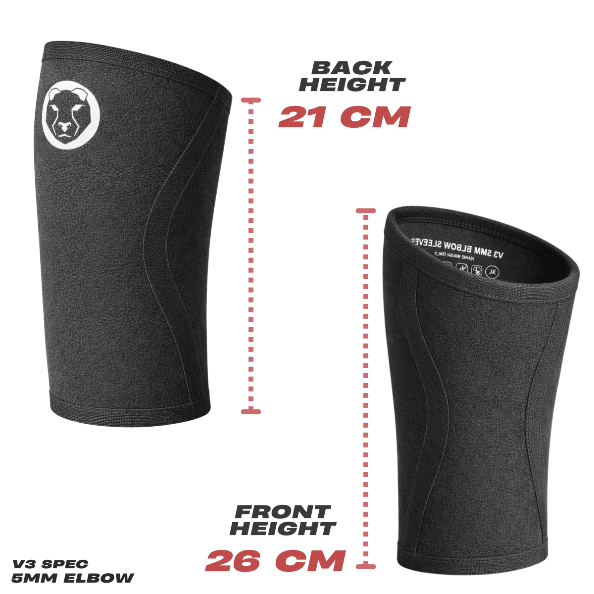 Height measurements of Mammal Strength V3 5mm elbow sleeves showing 26 cm front height and 21 cm back height