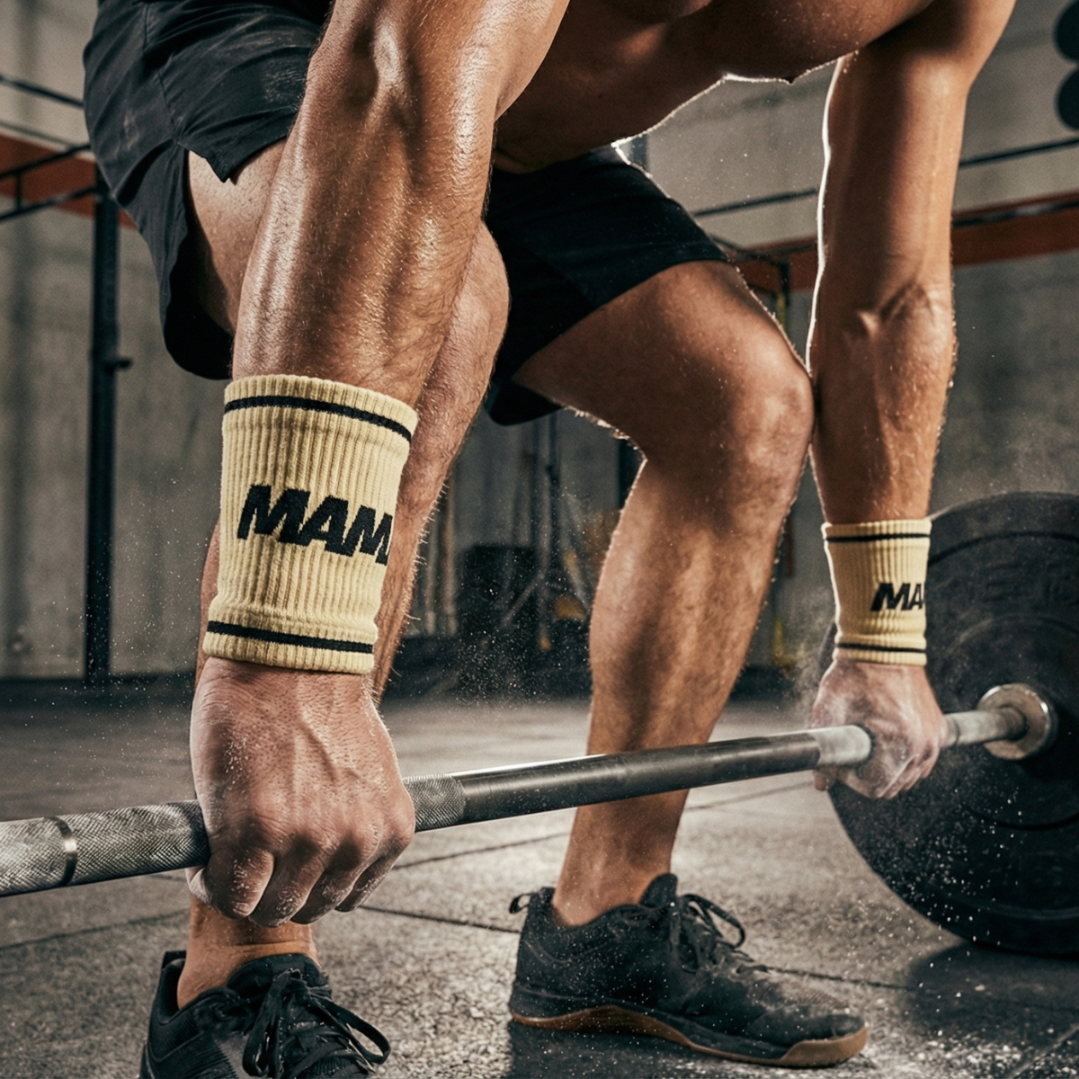 Athlete wearing long wristbands sweatbands 15cm during CrossFit weightlifting workout