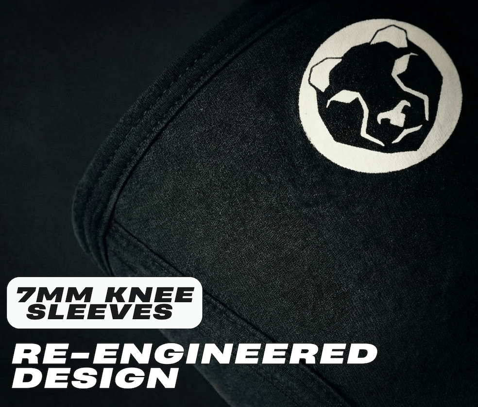 7mm Mammal Strength knee sleeve with re-engineered design on dark background