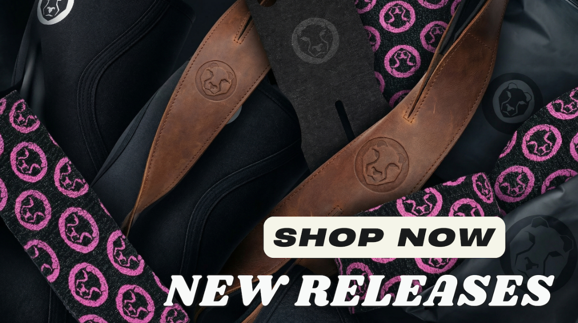 Mammal Strength lifting straps with pink and black pattern displayed on a dark background promoting new releases