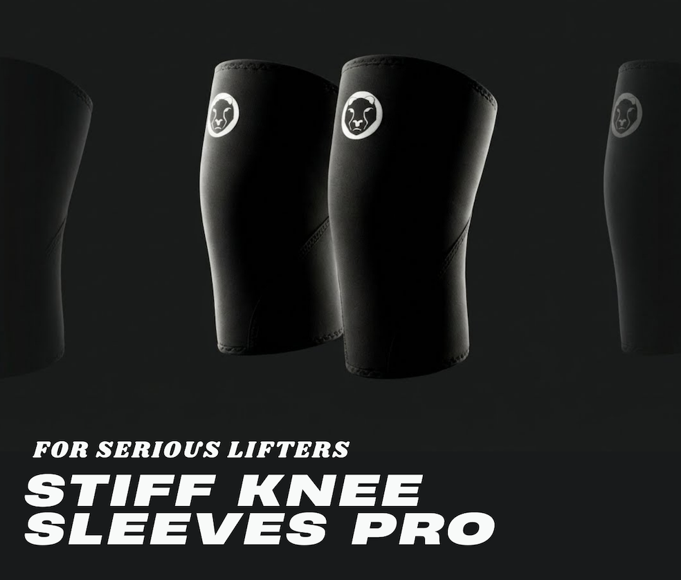 Mammal Strength stiff knee sleeves pro in black with logo on a dark background