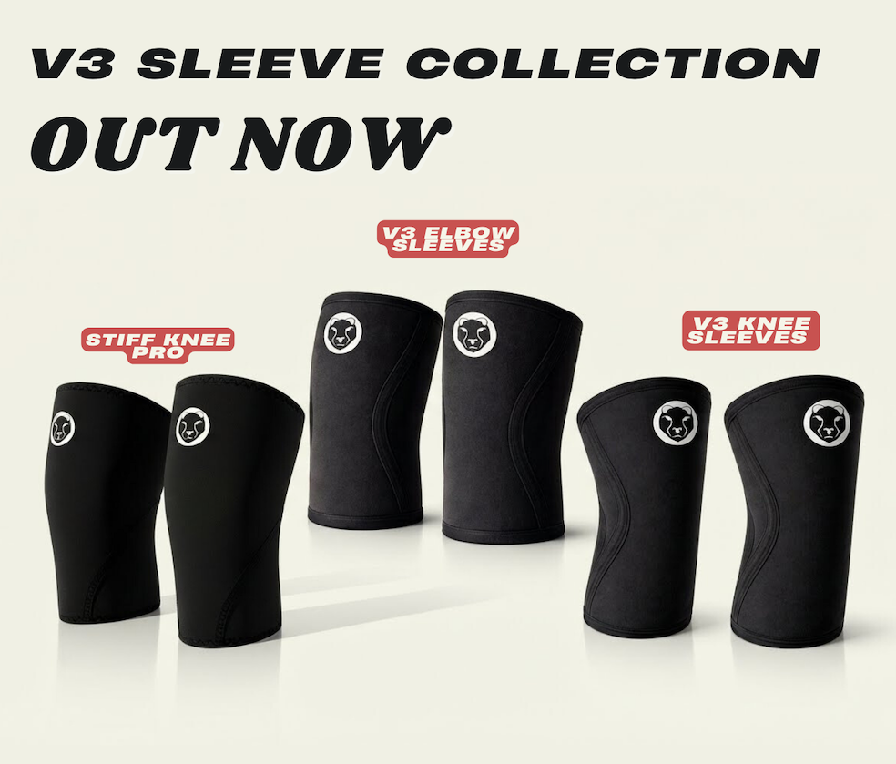 V3 sleeve collection showing Mammal Strength elbow sleeves, knee sleeves, and stiff knee sleeves on a light background