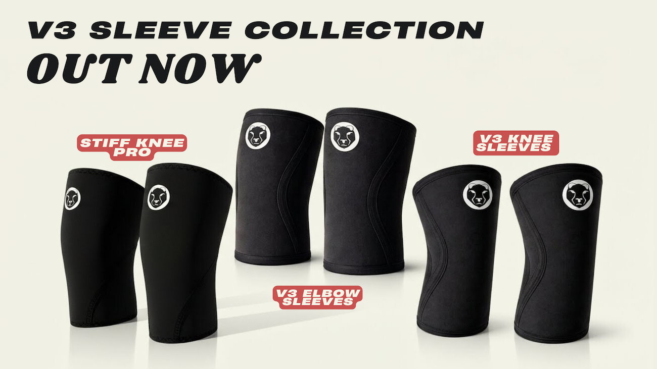 V3 sleeve collection featuring Mammal Strength stiff knee sleeves, elbow sleeves, and knee sleeves on a light background
