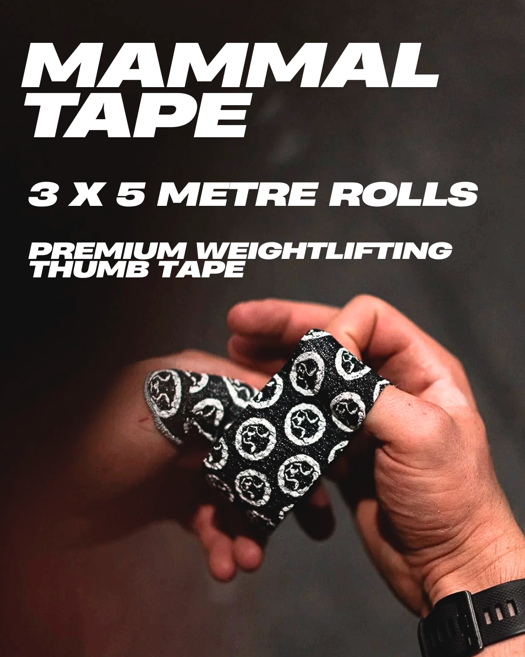Hand holding a piece of black and white patterned weightlifting thumb tape with promotional text on a dark background.