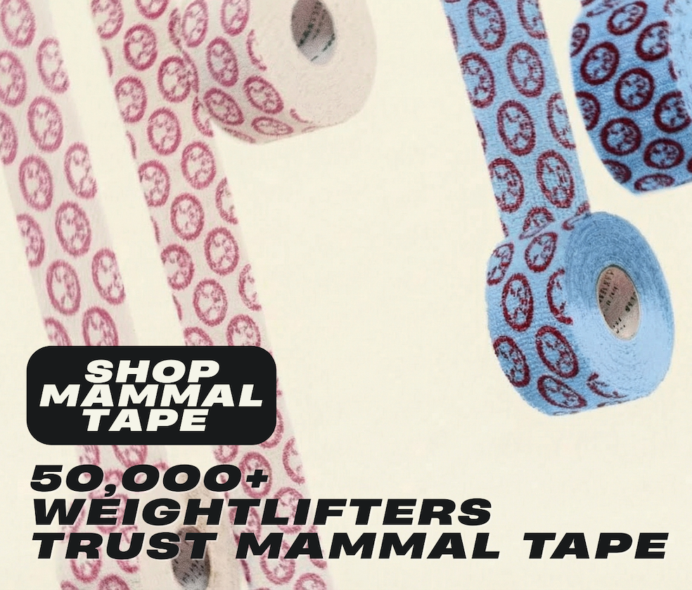 Mammal Tape rolls on a beige background with message highlighting trust from 50,000+ weightlifters