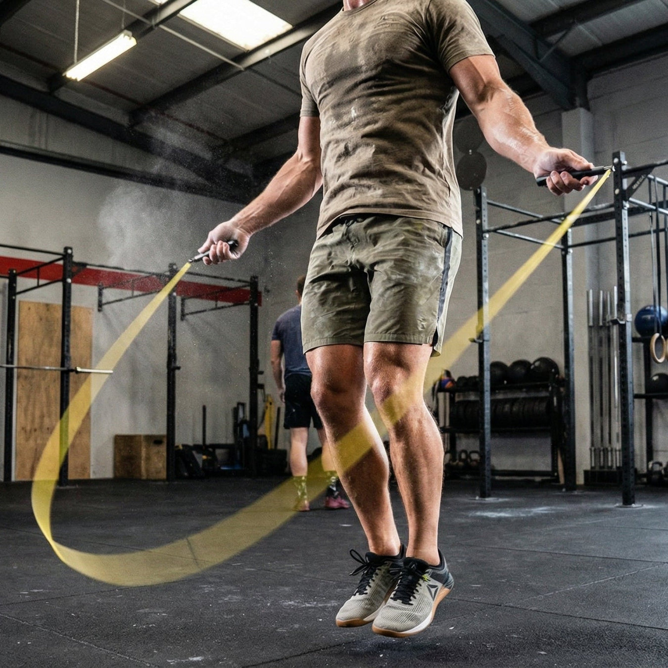 Speed skipping rope on a gym floor with training shoes and kettlebells, used for cardio and functional fitness workouts.