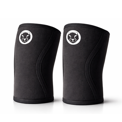 Pair of Mammal Strength V3 5mm elbow sleeves made from black neoprene, designed for compression, support, and warmth during pressing and upper-body training
