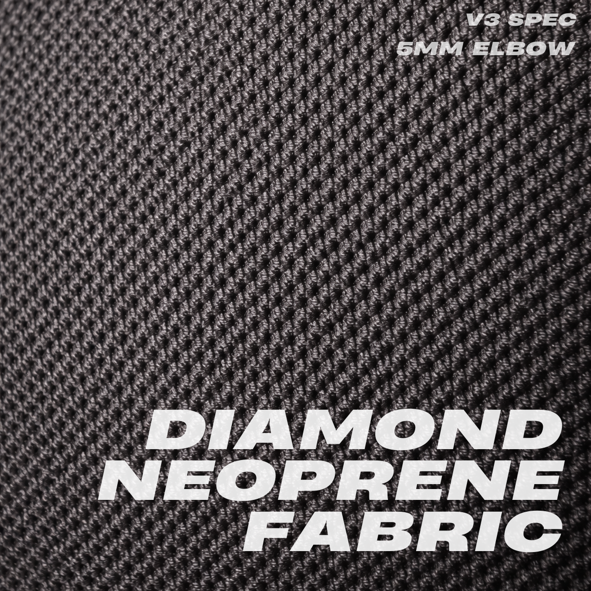 Close-up of diamond neoprene fabric used in Mammal Strength V3 5mm elbow sleeves, showing textured material and V3 specification text
