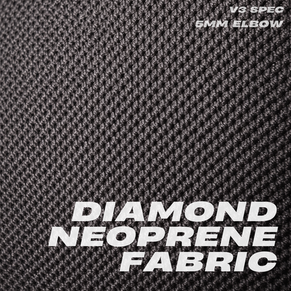 Close-up of diamond neoprene fabric used in Mammal Strength V3 5mm elbow sleeves, showing textured material and V3 specification text
