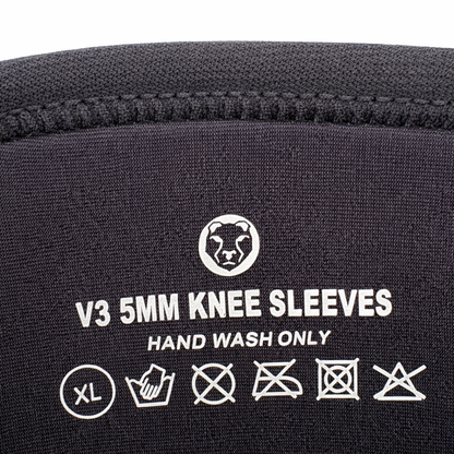 Care label and washing instructions printed on Mammal Strength V3 5mm knee sleeves
