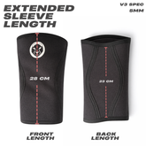 Front and back length measurements of Mammal Strength V3 5mm knee sleeves showing extended sleeve design
