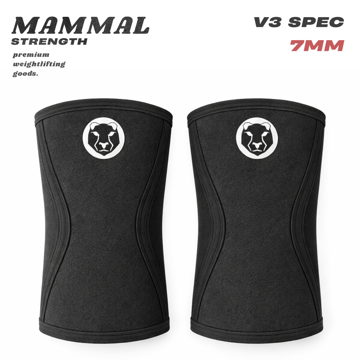 Front view of Mammal Strength V3 7mm black knee sleeves for weightlifting and strength training
