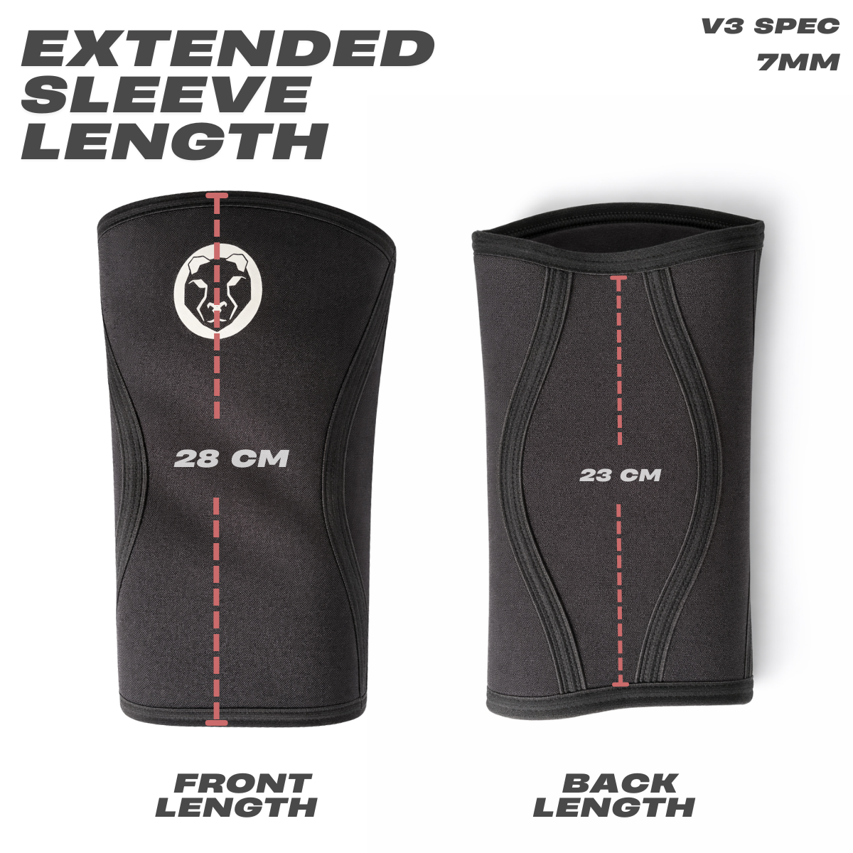 Front and back length measurements of Mammal Strength V3 7mm knee sleeves showing extended sleeve design