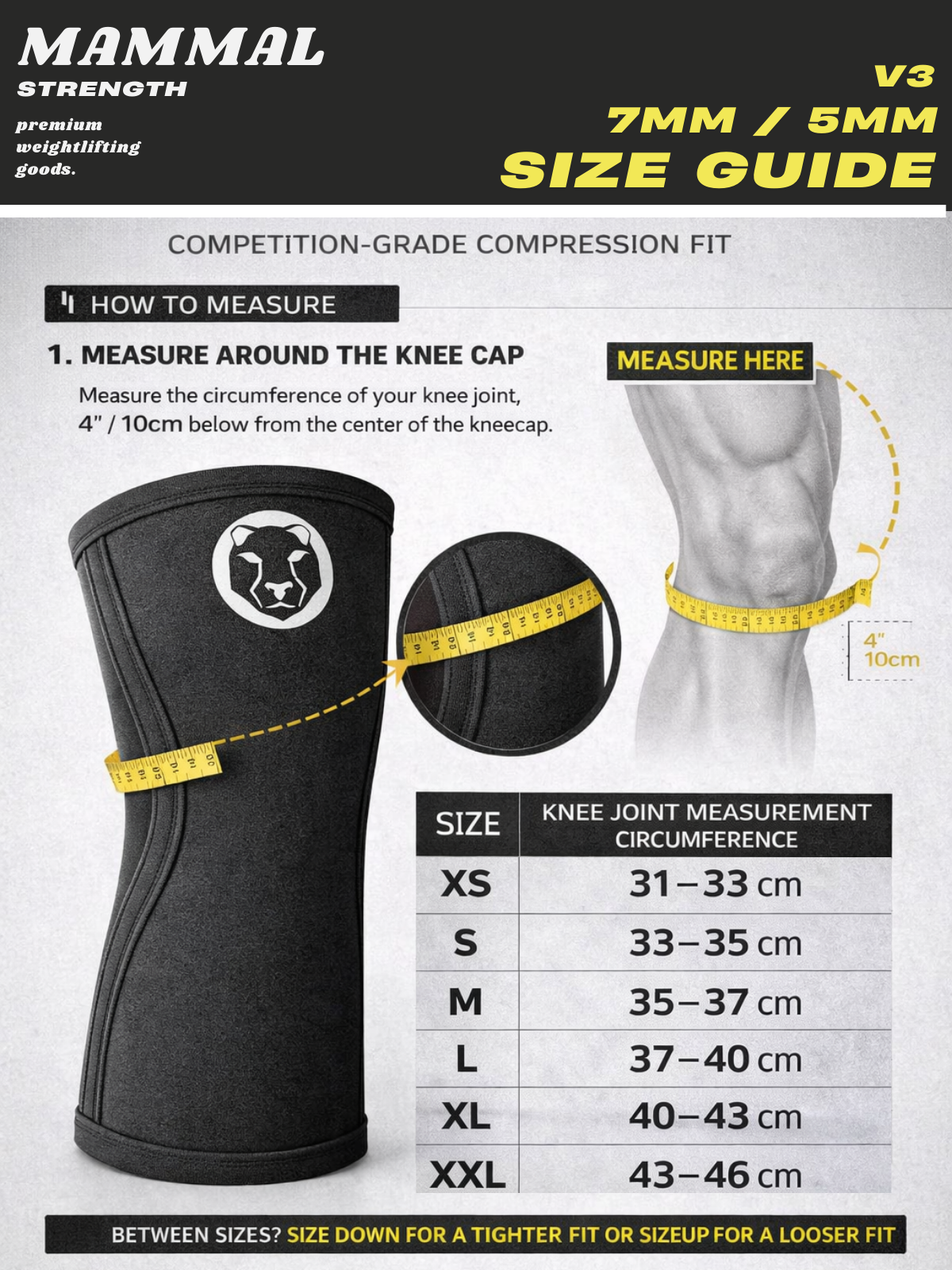 Size guide for Mammal Strength V3 7mm knee sleeves showing knee joint measurement instructions and sizing chart

