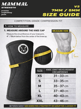 Size guide for Mammal Strength V3 7mm knee sleeves showing knee joint measurement instructions and sizing chart
