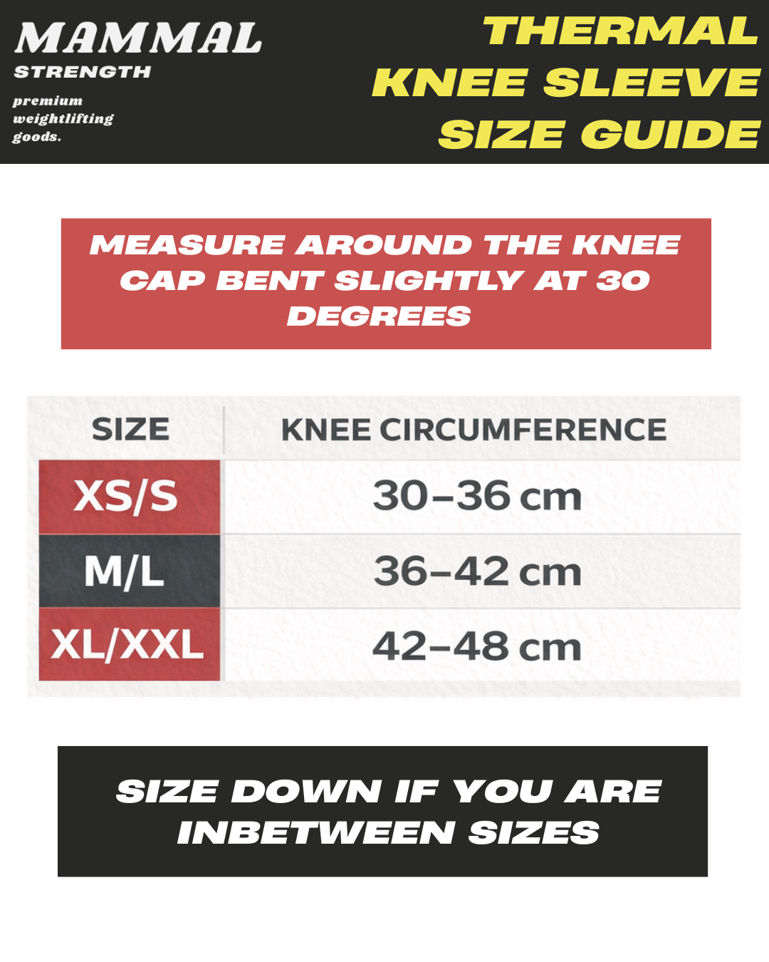 Mammal Thermal Knee Sleeves size guide – knee circumference measurement chart for XS/S, M/L and XL/XXL