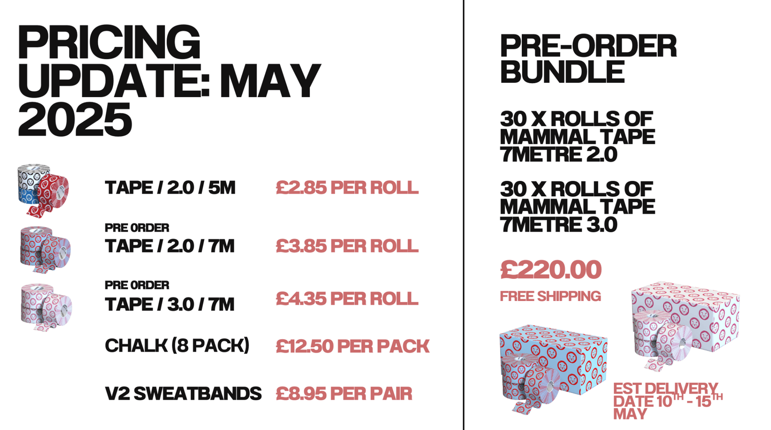 NEW IN: Mammal Tape 7M Tape - Special Offer - 60 X Rolls - 2.0 &amp; 3.0 Spec (pre - order) - Mammal Strength