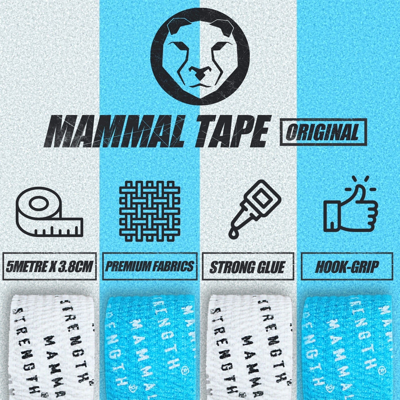 Mammal Tape - 5-Metre Rolls - Thumb &amp; Weightlifting Tape (BLUE / 4-PACK) - Mammal Strength