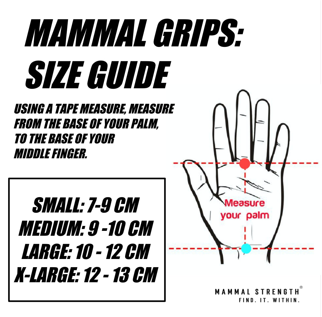 Mammal Strength Grippy Hand Grips for Crossfit - Synthetic fibre textured hand grips for gymnastics - size guide