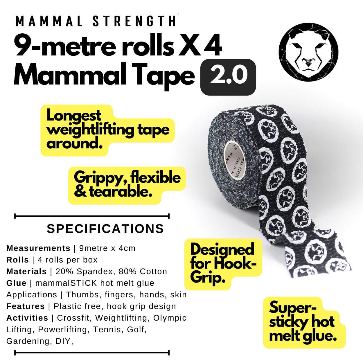 Black Thumb &amp; Weightlifting Tape - Mammal Tape 9-Metre Rolls (4-Pack) - Mammal Strength