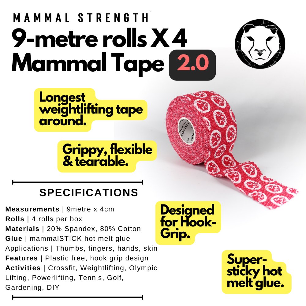 Enhance your lift with Red Mammal Tape - 9m thumb &amp; weightlifting tape rolls, available in a 4-pack