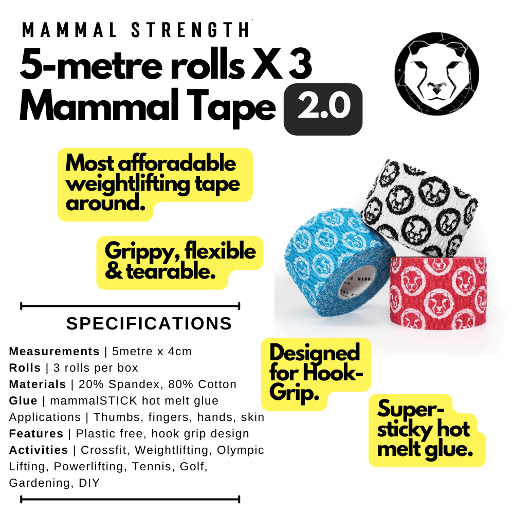 Thumb &amp; Weightlifting Tape - Mammal Tape 5-Metre Rolls (3-Pack) (NEWEST EDITION) - Mammal Strength